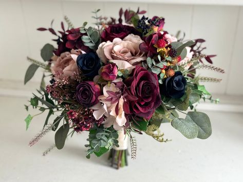 November Wedding Flowers Bridal Bouquets, Dusky Pink Wedding Flowers, Peony Wedding Flowers, Viburnum Berries, Autumn Wedding Bouquet, Navy Wedding Theme, Navy Wedding Bouquet, Red Rose Bouquet Wedding, Burgundy And Navy Blue