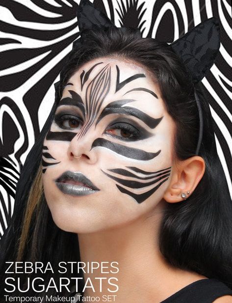 Zebra: Zebra Stripes - SugartTats Temporary Makeup Tattoos - Zebra Costume, Animal Face ($13) Zebra Face Paint, Zebra Makeup, Zebra Costume, Lion King Costume, Circus Makeup, Zebra Face, Animal Makeup, Makeup Tattoos, Zebra Stripes