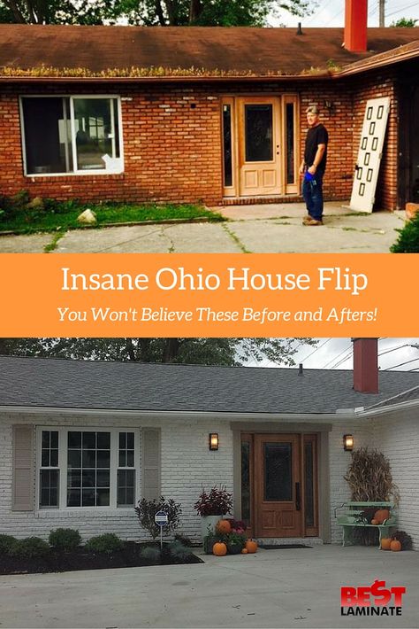 These Before and Afters are so amazing! Check out the full tour: http://www.bestlaminate.com/blog/insane-before-and-after-house-flip-in-ohio/ #HouseFlip #Flip #Home #HomeTour #Remodel Renovation Facade, Painted Brick Exteriors, Painted Brick House, House Before And After, House Makeovers, Ranch Remodel, Brick Ranch, Home Exterior Makeover, Exterior Renovation