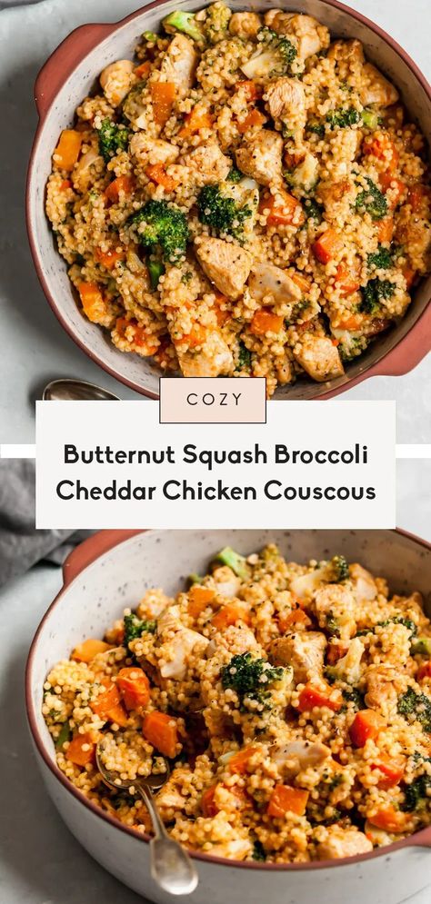 Cozy and delicious broccoli cheddar chicken couscous tossed with sweet and spicy roasted butternut squash. You'll love this easy, comforting dinner recipe for any night of the week! Kid-friendly and easily vegetarian, too. Butternut Squash Broccoli, Broccoli Cheddar Chicken, Chicken Couscous, Couscous Recipe, Comforting Dinner, Pearl Couscous, Chicken And Butternut Squash, Cheddar Chicken, Ambitious Kitchen