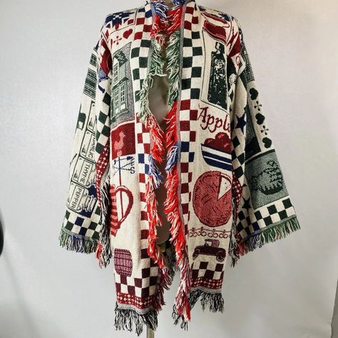 Vintage Handmade Tapestry Throw Blanket Open Front Coat Fringe Teacher Country | eBay Handmade Tapestry, Tapestry Jacket, Handmade Tapestries, Blanket Coat, Vintage Fall, Woven Throw, Winter Blues, Tapestry Throw, Side Hustles