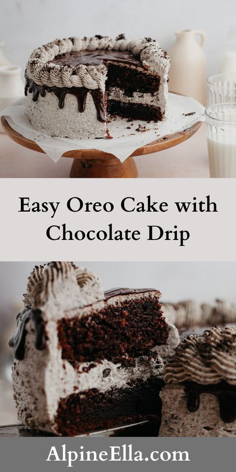 The most delicious and chocolatey cake - Oreo layer cake! This chocolate cake is filled and frosted with Oreo buttercream and has a dark chocolate ganache drip. Oreo Layer Cake, Oreo Drip Cake, Chocolate Ganache Drip Cake, Easy Oreo Cake, Oreo Cakes, Drip Cake Recipes, Spring Dessert Recipes, Fudgy Chocolate Cake, Chocolate Ganache Drip