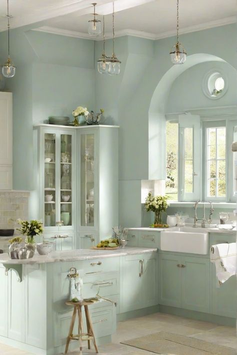 rainwashed, wall paint, kitchen, dream home Pale Aqua Kitchen Cabinets, Sherwin Williams Rainwashed Kitchen, Sherwin Williams Rainwashed Bedroom, Rainwashed Sherwin Williams Coordinating Colors, Sw 6211 Rainwashed, Light Oak Floors, Kitchen Colour Schemes, Kitchen Paint, Dream Spaces