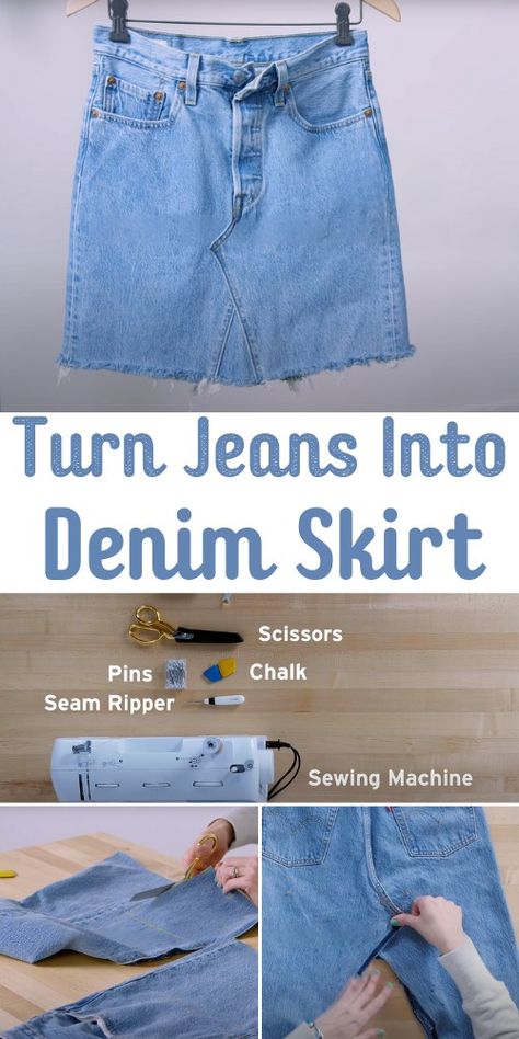 Diy Denim Skirt From Jeans Midi, Jean Pants To Skirt Diy, Denim Shorts To Skirt Diy, Jean Skirt Out Of Old Jeans, Upcycled Jean Skirt Diy, Make Denim Skirt From Jeans, Denim Jeans Into Skirt, Denim Skirt Out Of Jeans, Denim Pants To Skirt Diy