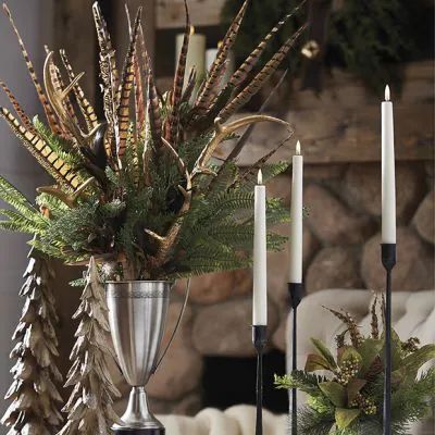 Pheasant Feather Decor, Feather Arrangements, Faux Feathers, Holiday Floral Arrangements, Christmas Tree Candle Holder, Pheasant Feather, Tree Candle Holders, Feather Decor, Seasonal Displays