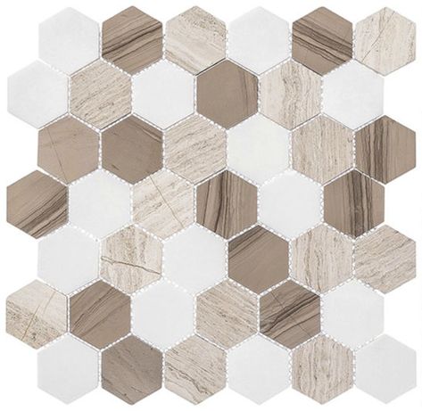 Colonial Series 2" Hex from Glazzio Tile. Love it? Visit our showroom to see it in person or visit our website to start your remodel today! https://buildersflooringanddesign.com/ Stone Mosaic Wall, Honeycomb Tile, Statement Tiles, Hexagon Mosaic Tile, Mosaic Floor, Stone Mosaic Tile, Modern French, Hexagonal Mosaic, Hexagon Tiles