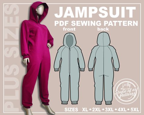 THIS IS A SEWING PATTERNS AND NOT A READY TO WEAR  PRODUCT.  Pattern loose-fitting Jumpsuit. Front with a central zipper closure, and pockets in the side seam, located slightly below the waistline. The neckline is finished with an inset hood with a center seam and is lined. The armhole is dropped, and the sleeve is raglan, long, with the lower sleeve edge finished with an attached cuff. The back has a central seam. The bottom of the one-piece pants is finished with an attached cuff.  THIS LISTIN Jumpsuit Sewing Pattern, Jumpsuit Sewing, Oversized Jumpsuit, Plus Size Sewing Patterns, Tall People, Jumpsuit Pattern, Pdf Sewing Patterns, Sewing Clothes, Sewing Hacks