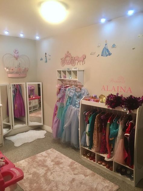 Designed and decorated by my girl and myself. Dress Up Organization Ideas, Girls Dress Up Station, Preschool Girl Bedroom, Princess Dress Up Station, Diy Dress Up Station, Diy Princess Room, Disney Girls Room, Disney Princess Dress Up, Disney Princess Dress