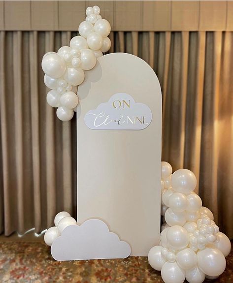 On cloud nine ☁️😍 @luxe_events_lincolnshire created this stunning baby shower backdrop with our cloud cut outs ay adding gold vinyl to personalise and we absolutely love it! #babyshower #babyshowerideas #babyshowerdecor #partysign Minimalist Gender Reveal Decor, On Cloud Nine Backdrop, On Cloud 9 Backdrop, Baby Shower On Cloud 9, On Cloud Nine Baby Shower Theme, Cloud Nine Baby Shower Theme, On Cloud 9 Baby Shower Theme, Cloud 9 Baby Shower Theme, Small Backdrop