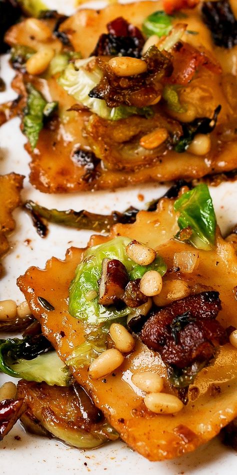 Brussels Sprouts and Ravioli in Maple Butter Sauce on a plate Maple Butter Sauce, Maple Pecans, Ravioli Sauce, Pine Nut Recipes, Shaved Brussel Sprouts, Butternut Squash Ravioli, Maple Butter, Ravioli Recipe, Sprouts With Bacon