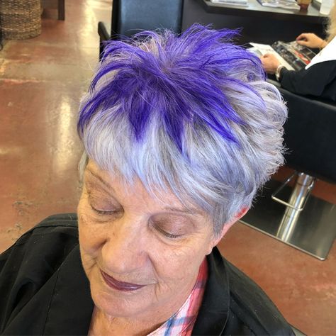 Short Gray Hair With Purple Highlights, Short Grey Hair With Purple Highlights, Bright Purple Highlights, Silver Hair With Purple Highlights, Short Purple Hair Pixie, Pixie Hair Color Ideas Funky Hairstyles, Cool Purple Hair, Grey Hair With Purple Highlights, Lavender Pixie