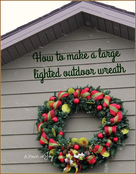 How to make a large, lighted outdoor wreath Outdoor Christmas Lights Diy, Giant Christmas Wreath, Outdoor Christmas Wreaths, Large Christmas Wreath, Christmas Lights Outside, Outdoor Wreath, Christmas Wreaths With Lights, Lighted Wreaths, Christmas Light Installation