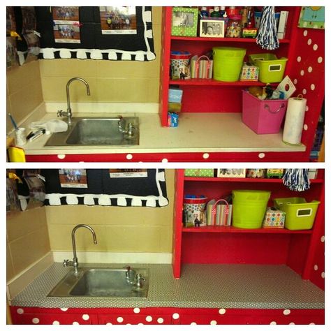 Cover the ugly sink countertop with shelf paper Classroom Shelves, Teacher Storage, Classroom Bathroom, Kindergarten Organization, Sink Decor, Shelf Paper, Before School, Teaching Inspiration, Shelf Liner