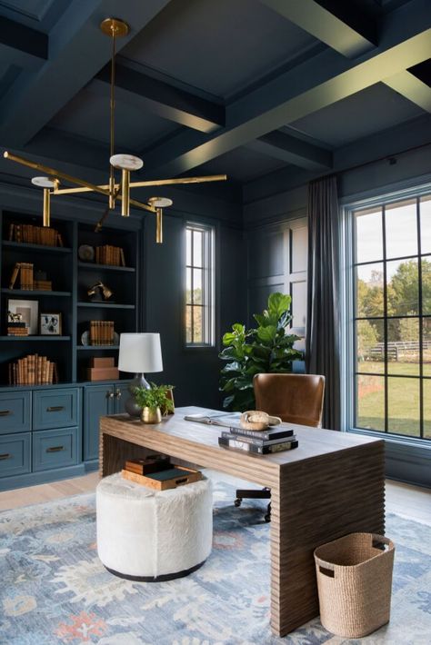 Dark Blue Office, Blue Home Offices, Masculine Home Office, Masculine Office, Blue Office, Parade Of Homes, Modern Home Office, Farmhouse Homes, Office Interior Design