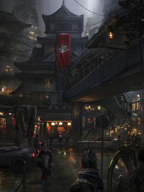 Neo Edo , Eddie Mendoza on ArtStation at https://www.artstation.com/artwork/80kEm Art Cyberpunk, Neo Tokyo, Rpg Horror, Rpg Dice, Cyberpunk City, Futuristic City, Fantasy Art Landscapes, Cyberpunk Art, Fantasy Concept Art