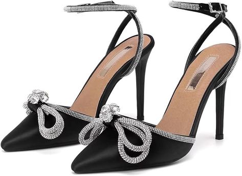 🌸[Classic Design]🌸This lace-up high-heeled sandal has a classic design, satin upper, rhinestone strip decoration with rhinestone bow, almond-shaped pointed toe, stiletto heel, rubber sole and metal adjustable buckle. 🌸[Heel Height]🌸 10.5 cm (4.13) inches. These high heels with ankle straps are based on elegance and elegance. The height of the heel can enhance the temperament of your whole person, and make your matching clothes, skirts, and pants more temperament. Luxury Heels, Lace Up High Heels, Elegant High Heels, Bow Heels, Buckled Heels, Strap Pumps, Stiletto Sandals, Silver Heels, Lace Up Heels