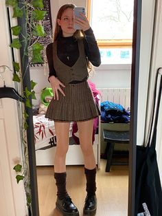 160 Looks ideas in 2022 | fashion outfits, fashion inspo, fashion Turtle Neck Inspo Outfit, How To Style A Brown Vest, Turtle Neck With Vest Outfit, Styling A Waistcoat, Waistcoat Outfit Skirt, Leg Warmers With Docs, Mini Brown Skirt Outfit, Outfits With Waistcoat, Brown Leg Warmers Outfit