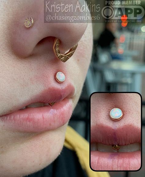 Kristen Adkins on Instagram: “After talking about piercing @bbysbreath vertical philtrum for months, we finally made it happen!  Rose Gold with a 4mm genuine white opal…” Vertical Medusa Piercing, Jestrum Piercing Jewelry, 2023 Piercings, Philtrum Piercing Jewelry, Vertical Philtrum Piercing, Vertical Philtrum, Vertical Monroe Piercing, Gold Monroe Piercing, Vertical Labret Piercing Hoop