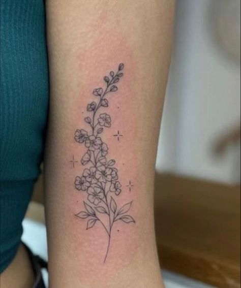 Water Lily Larkspur Tattoo, Lakespur Tattoo, Larkspur Flower Tattoo Simple, Larkspur Tattoo Simple, July Birth Flower Tattoo Larkspur, Larkspur Flower Tattoos, July Birth Flower Tattoo, Bestie Tats, Larkspur Tattoo