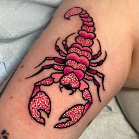 ShayTattoos LLC | 💕🦂Land Lobster for Sara 🦂💕 • • • #glittertattoo #sparklytattoo #y2k #glitter #girlytattoo #rainbowtattoo #neotraditional #neotrad… | Instagram Glitter Effect Tattoo, Pink Scorpion Tattoo, Pink Sleeve Tattoo, Girlie Traditional Tattoos, Heart Scorpion, Girly Traditional Tattoo, Glitter Tattoo Ideas, Color Realism Tattoo, Tattoo Colourful