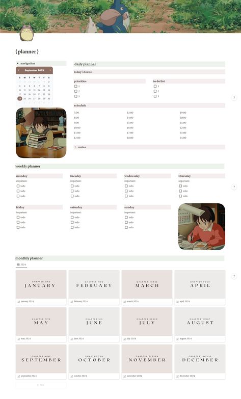 Notion Template Ideas Weekly Planner, Goal Notion Template, Studio Ghibli Planner Template, 2024 Notion Planner, Notion Monthly Planner Template, 12 Week Year Templates Notion, Monthly Notion Template, Notion Day Planner, Weekly Planner Notion Template