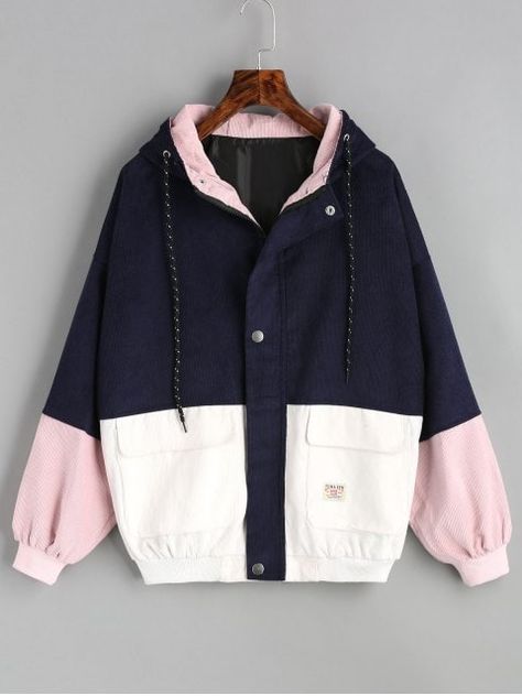 Hooded Color Block Corduroy Jacket - PURPLISH BLUE M Baseball Outfit, Clothing Casual, Patchwork Jacket, Jaco, Oversized Jacket, Corduroy Jacket, Casual Jacket, Jacket Coat, Jacket Style