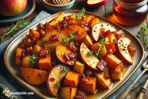 Maple+Roasted+Sweet+Potatoes+with+Apples+&+Bacon Maple Walnut Fudge Recipe, No Fail Sugar Cookie Recipe, Maple Glazed Sweet Potatoes, Walnut Fudge Recipe, Walnut Fudge, Autumn Side Dishes, Shrimp Cakes, Grilled Chicken Skewers, Kebabs On The Grill