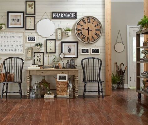 384 Likes, 3 Comments - Birch Lane (@birchlane) on Instagram: “Bring an element of nostalgia into your home by creating a timeless and vintage #gallerywall.…” Wall Clock Decor Living Room Ideas, Wall Clock Decor Living Room, Gallery Wall Decor, Wood Wall Clock, Clock Decor, Large Clock, Farmhouse Wall Decor, Ship Lap Walls, Farmhouse Wall