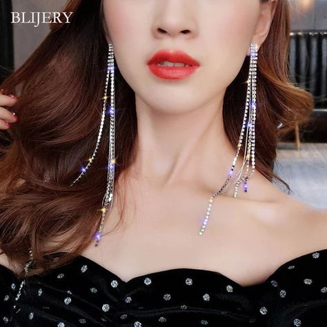 BLIJERY New Silver Color Rhinestone Crystal Long Tassel Earrings for Women Bridal Dangling Drop Earrings Brincos Wedding Jewelry|Drop Earrings| - AliExpress Ear Cuff Women, Shiny Earrings, Cheap Earrings, Earrings Trendy, Long Tassel Earrings, Rhinestone Chain, Tassel Drop Earrings, Trendy Earrings, Hanging Earrings