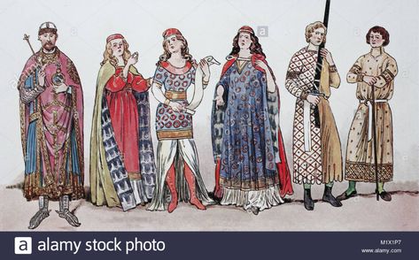 Clothing, fashion in Germany, men and women in the 11th-12th century, from the left, King Rudolf of Swabia in the coronation robe, then three women in costumes of the 11th century, a sword-bearer at the time of the Crusades and a noble young man in a long coat with a belt, digital improved reproduction of an original print from the 19th century Stock Photo Venetian Courtesan Dress, 12th Century Clothing Women, Fashion In Germany, Venetian Courtesan, 11th Century Clothing, 13th Century Fashion, 12th Century Fashion, 12th Century Clothing, 13th Century Clothing