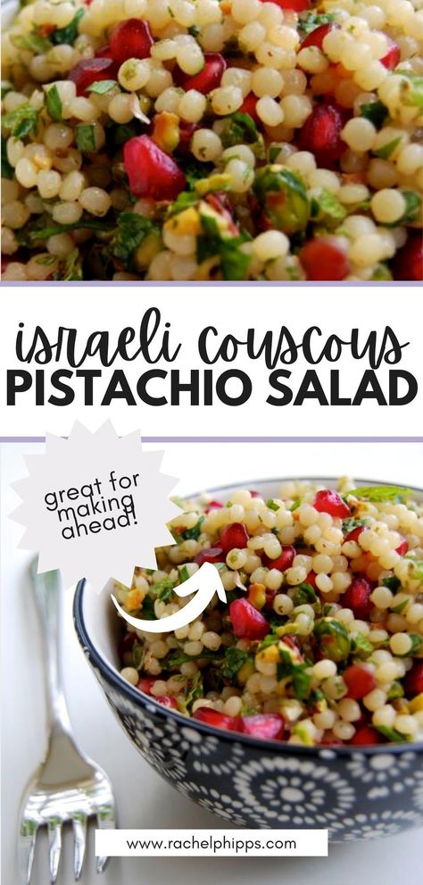 Savor the flavors of the Middle East with this vibrant giant couscous salad, bursting with juicy pomegranates and crunchy pistachios. Perfect for packing in lunchboxes or enjoying at a picnic. Giant Couscous Recipes, Pomegranate Molasses Dressing, Pomegranate Pistachio, Giant Couscous, Salad With Pomegranate, Pistachio Salad, Pomegranate Recipes, Colorful Dishes, Couscous Recipes