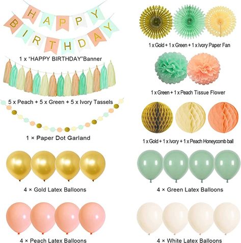 Happy Birthday Decorations for Girls Women, Happy Birthday Banner, Hanging Paper Fan Honeycomb ball Tissue Pompoms Garland Balloons for Mint Green Gold Peach Birthday Party Decorations Supplies : Amazon.co.uk: Home & Kitchen Peach Birthday Party Decorations, Peach Birthday Party, Peach Birthday, Tissue Flowers, Paper Fan, Wife Birthday, Happy Birthday Banner, Paper Fans, Happy Birthday Banners