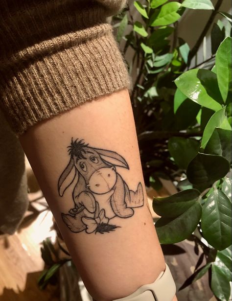 Disney Tattoos Eeyore, Forearm Tattoo Women Disney, Disney Tattoo Sleeve Ideas, Cute Simple Disney Tattoos, Eore Winnie The Pooh Eeyore Tattoo, Eyore Tattoo Eeyore, Old Disney Tattoos, Eeorye Tattoos, Disney Patchwork Tattoo