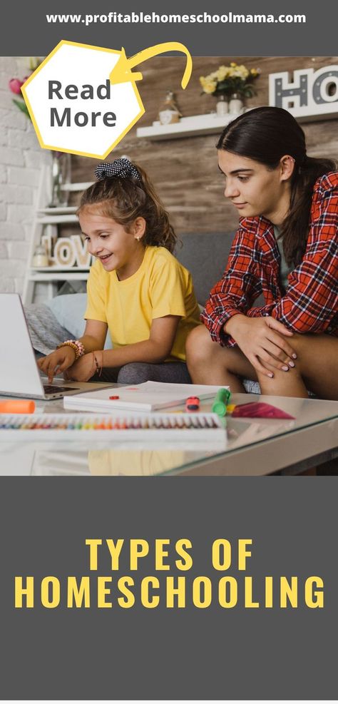 A Pinterest graphic featuring the title 'Types of Homeschooling'  with one image. The image shows a child and a parent working on a laptop at a table. Types Of Homeschooling, Homeschool Methods, Homeschool Hacks, Preschool Colors, Unit Studies, Homeschool Organization, Charlotte Mason, Unschooling, Study Unit