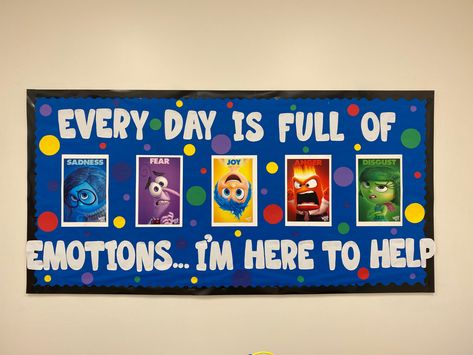 Inside Out Theme Bulletin Board, Inside Out Room Decor, Inside Out Classroom Door Decorations, School Psychologist Bulletin Board, Inside Out Themed Classroom, Inside Out School Ideas, School Counseling Bulletin Board Ideas, Inside Out 2 Bulletin Board, Inside Out Classroom Theme Ideas