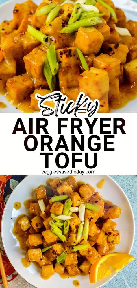 Sticky Air Fryer Orange Tofu is inspired by Orange Chicken. This vegan recipe is just as delicious and is easy to make in under an hour. It's even oil-free! Orange Tofu Recipe, Orange Tofu, Rice And Veggies, Vegan Soul Food, Tofu Recipes Vegan, Orange Sauce, Restaurant Dishes, Vegan Eggs, Orange Chicken