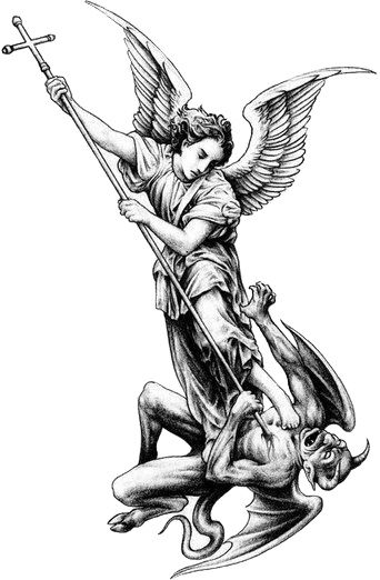 Michael Defeating Lucifer Tattoo, Thrones Tattoo Angel, Saint Michael Angel Tattoo, Saint Michael Tattoo Stencil, Angel Back Tattoo Men, Angel Chest Tattoo Men, Heaven Vs Hell Tattoo, Christ Tattoos For Men, Angel And Devil Art