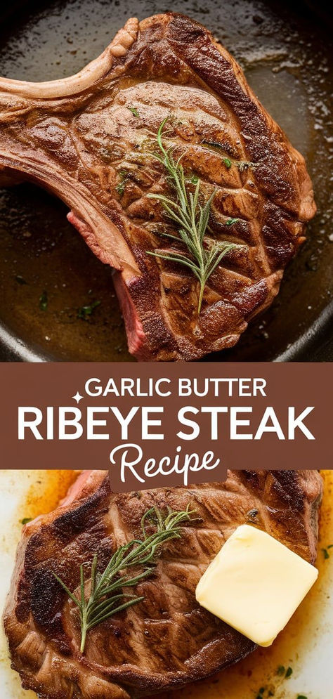 This Garlic Butter Ribeye Steak is the ultimate indulgence! Pan-seared to a golden crust and infused with rich garlic butter, it’s perfect for date nights or special occasions. Beef Ribeye Steak Recipe Oven, Marinated Ribeye Steak, How To Cook A Ribeye Steak, Baked Ribeye Steak Oven, Steak Recipes Ribeye, Ribeye Oven, Brown Butter Steak, Rib Eye Steak Recipes Pan, Eye Round Steak Recipes