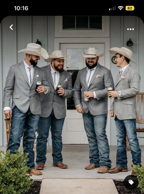 Tux With Jeans And Boots, Mens Cowboy Wedding Outfit, Western Outfit Men Wedding, Grey Suit Jacket With Jeans Wedding, Groomsmen Attire Jeans And Jacket, Men Wedding Outfit Jeans, Groomsmen Attire Cowboy Boots, Western Men’s Wedding Outfit, Wedding Cowboy Outfit Men