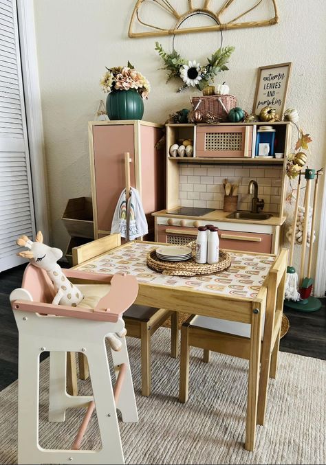 Playroom Dining Room, Boho Playroom, Diy Kids Kitchen, Ikea Play Kitchen, Toddler Kitchen, Living Room Playroom, Preschool Rooms, Baby Playroom, Kids Playroom Decor