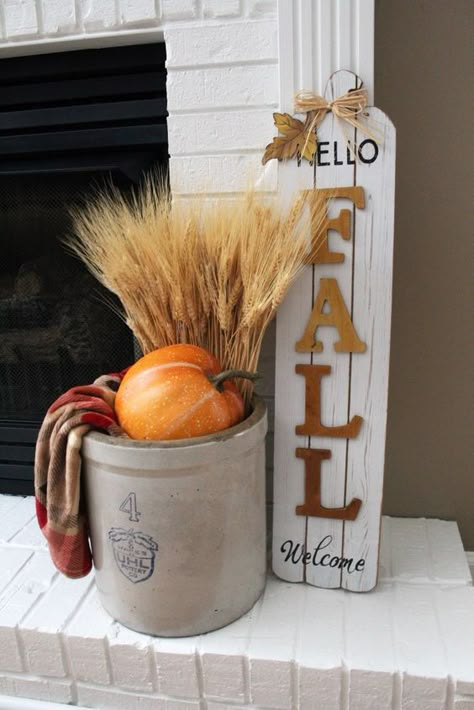 Fall Decor With Crocks, Large Crock Decorating Ideas Fall, Crock Fall Decor, How To Decorate An Old Butter Churn, How To Decorate A Crock For Fall, Fall Crock Decor, How To Decorate A Crock, Fall Crock Decorating Ideas, Crock Fall Decorating Ideas