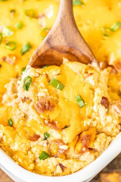 Mississippi Sin Grits Casserole – ham and cheese grits casserole. All the flavors of our favorite party dip combined with cheesy grits! SO good! We love this casserole for breakfast, lunch, and dinner. Grits, chicken broth, eggs, onion, garlic, Worcestershire sauce, hot sauce, cheddar, cream cheese, sour cream, butter, and ham. Can make ahead and refrigerate or freeze for later. This always gets RAVE reviews! YUM! Palmetto Cheese Grits Casserole, Baked Grits Casserole, Recipes With Grits, Loaded Grits, Baked Grits, Fried Grits, Bacon Grits, Pimento Cheese Grits, Cheesy Grits Recipe