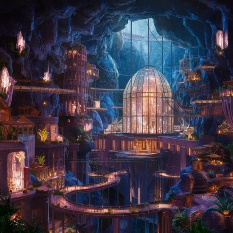 Underground City #architecture #building #construction #underground #art Underground Fantasy Art, Big Underground Base Minecraft, Dnd Underground City, Underground Fantasy City, Underground City Fantasy Art, Underground City Concept Art, Underground Village, Underground Town, Underground Kingdom