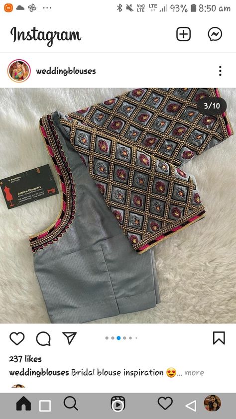 Grey Colour Blouse Maggam Work, Grey Colour Aari Work Blouse, Grey Colour Blouse Designs, Latest Embroidery Designs For Blouses, Blouse Handwork, Silk Saree Blouse Designs Patterns, Lace Blouse Design, Aari Design, Blouse Designs Catalogue