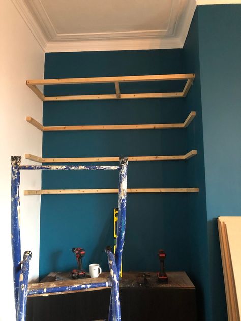 How I built the frame for my fitted alcove shelves - Mo's Blog Diy Wall Niche, Built In Alcove Cupboards, Chimney Breast Shelving, Building A Frame, Diy Built In Shelves, Niche Shelves, Lack Shelf, Ikea Lack Shelves, Alcove Shelves