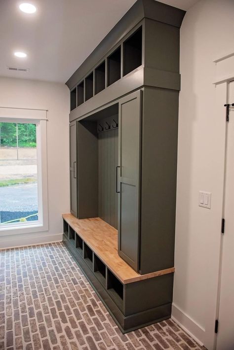 Detached Mudroom, Mud Room Ideas Entryway Shoe Storage, 10x10 Mudroom Layout, Small Mudroom Cubby Ideas, Long Narrow Mud Room Ideas, L Shaped Lockers Mudroom, Garage Entry Mudroom, Arrival Center Mudroom, Stock Cabinet Mudroom