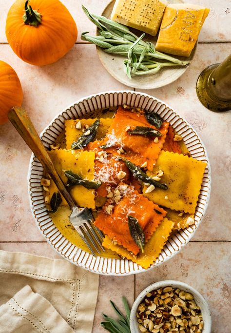 Pumpkin Ravioli with Sage Brown Butter Sauce Recipe - CucinaByElena Pumpkin Ravioli Sauce, Brown Butter Sauce Recipe, Sage Brown Butter Sauce, Sage Brown Butter, Ravioli Sauce, Pumpkin Ravioli, Brown Butter Sauce, Sage Butter, Cheese Pumpkin