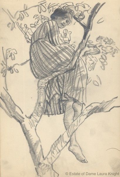 Study of a model relaxing in tree, probably ca. 1916 pencil on wove paper, Laura Knight. Person In Nature Drawing, Man Relaxing, Sketch Woman, Foreshortening Drawing, Sitting Under A Tree Drawing, Women Sketch, Looking Up At Trees Drawing, Reading Under A Tree Drawing, Character In Forest Drawing