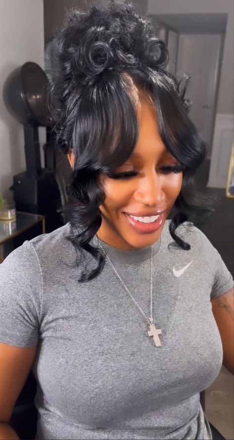 Curly Updo With Swoop, Half Up Half Down Weave Hairstyles With Bangs, Black Hair Up Dos Hairstyles, Full Ponytail Hairstyles For Black Women, Messy Ponytail With Bangs Black Women, Curly Bun Updo Black, Pin Up Ponytail With 2 Bangs, Bun With Curled Bangs Black Women, Bun Updo With Bangs For Black Women