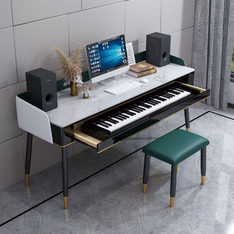 Keyboard Area In Living Room, Music Keyboard Desk, Hidden Piano Desk, Keyboard Piano Setup, Keyboard In Bedroom, Piano Keyboard Desk, Bedroom With Piano, Piano Setup, Piano Table